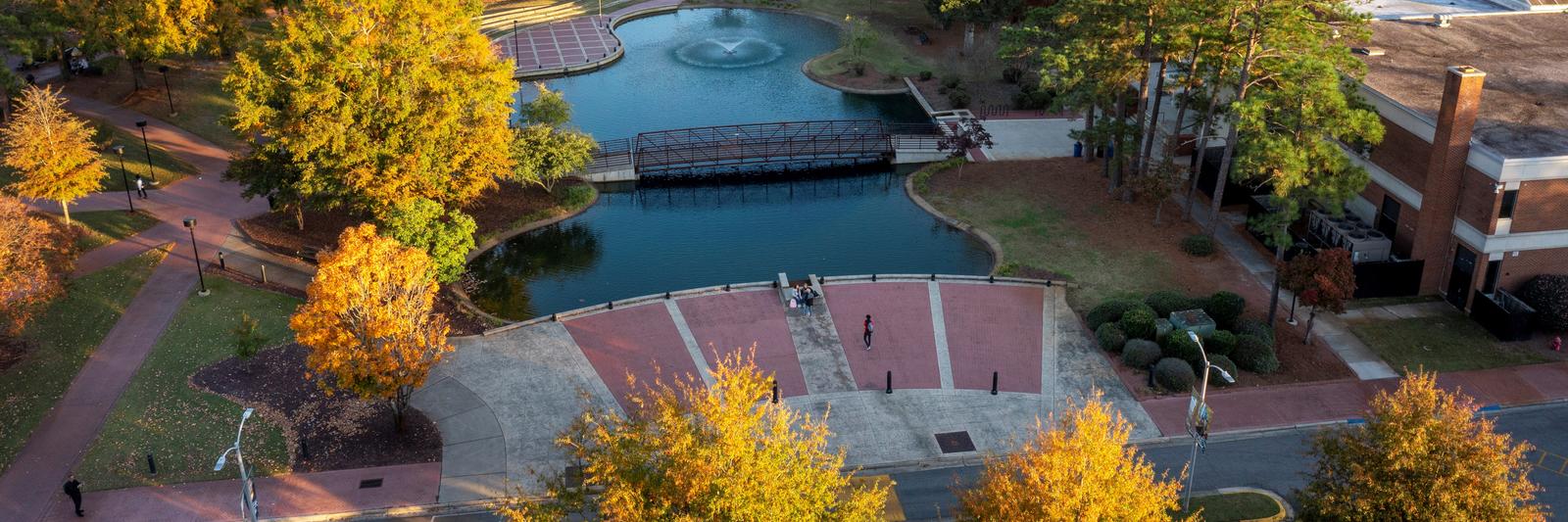 UNCP's Quad and Water Feature at sunset