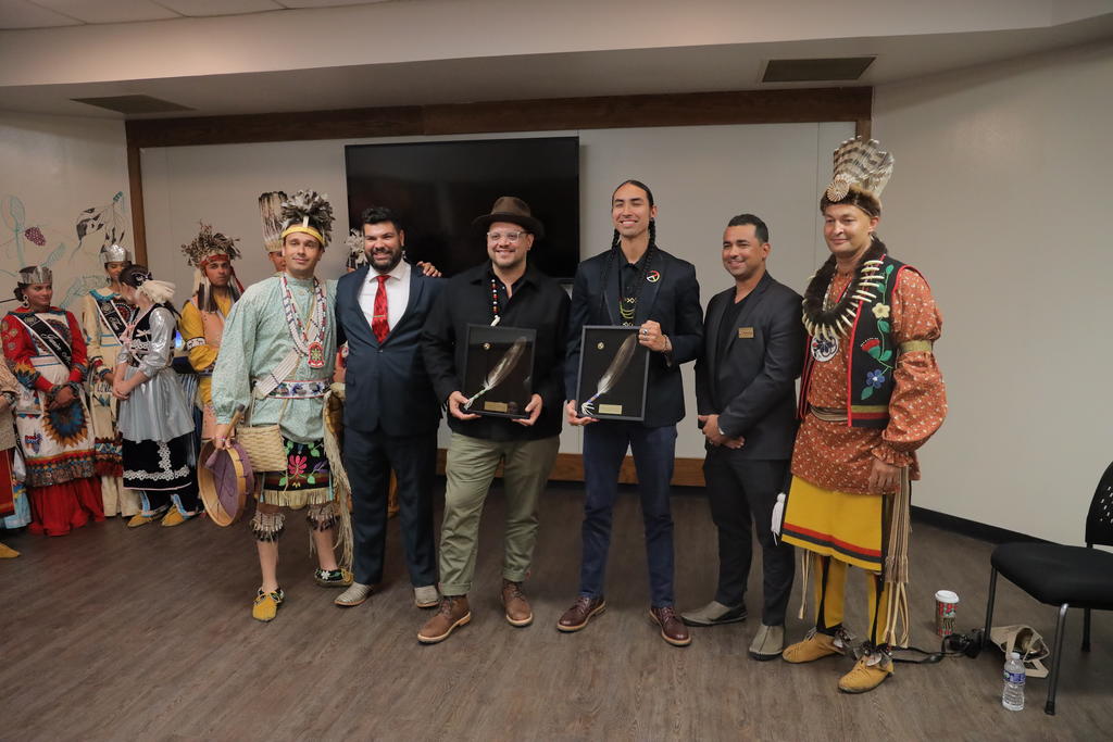 Sterlin Harjo and Tatanka Means were presented with an Eagle feature during their visit to UNCP on November 8