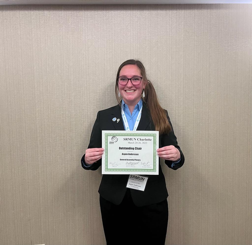 Aspen Andersson was named outstanding chair at the 2023 Southern Regional Model United Nations Conference in Charlotte