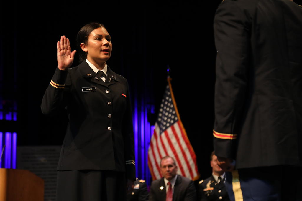 Keely Jones Aliseo is sworn in a second lieutenant in the U.S. Army during a ROTC Commissioning Ceremony in May 2023