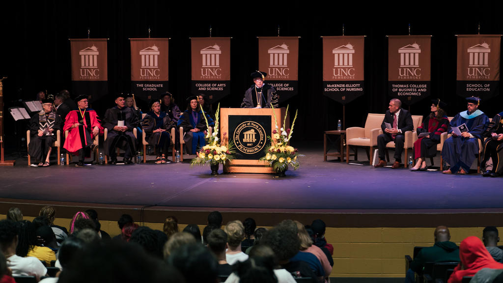 Chancellor Robin Gary Cummings delivers remarks to the Class of 2027 at Convocation on August 14, 2023