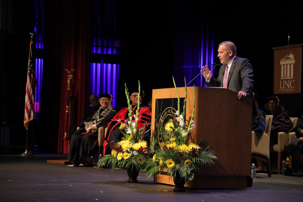 Col. (Ret) Lou Zeisman gives remarks during New Student Convocation at UNC Pembroke on August 14, 2023