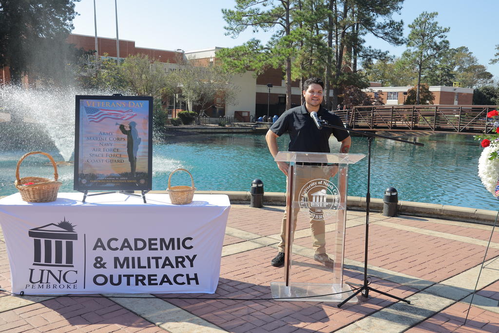 Rizihery Saenz speaks during the Veterans Honor Wreath Ceremony on November 6, 2023