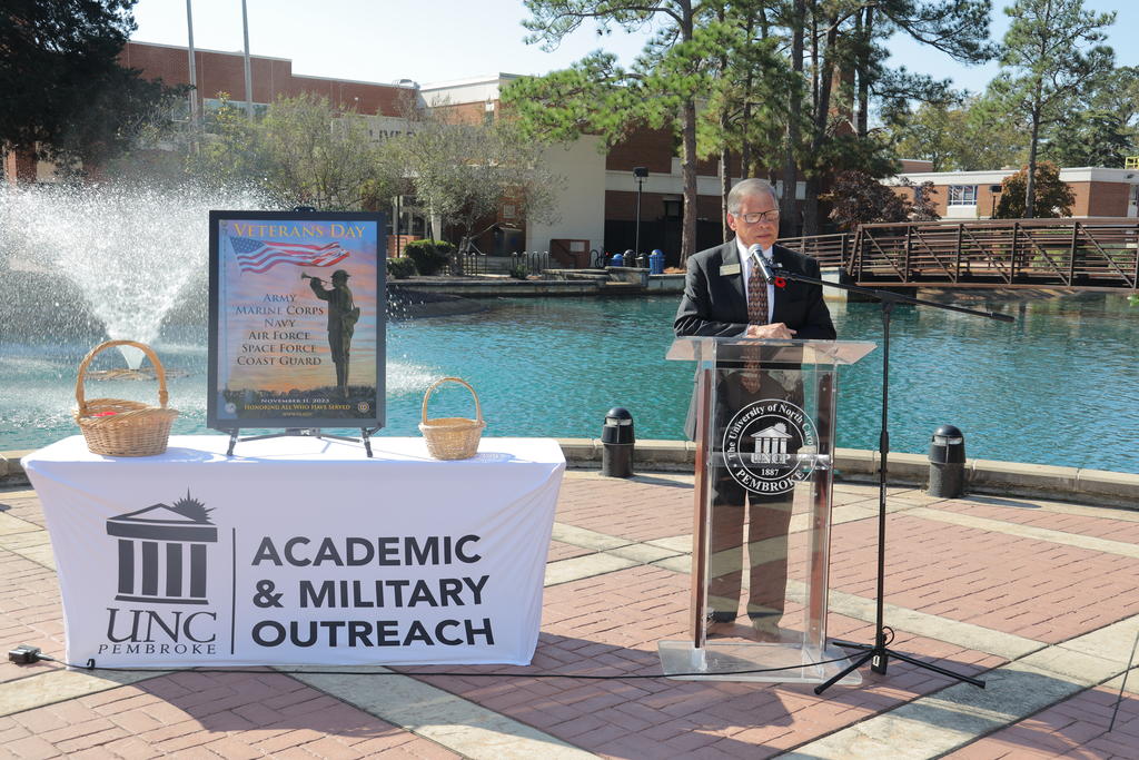Chancellor Robin Gary Cummings gives remarks at the annual Veterans Honor Wreath Ceremony on November 6, 2023