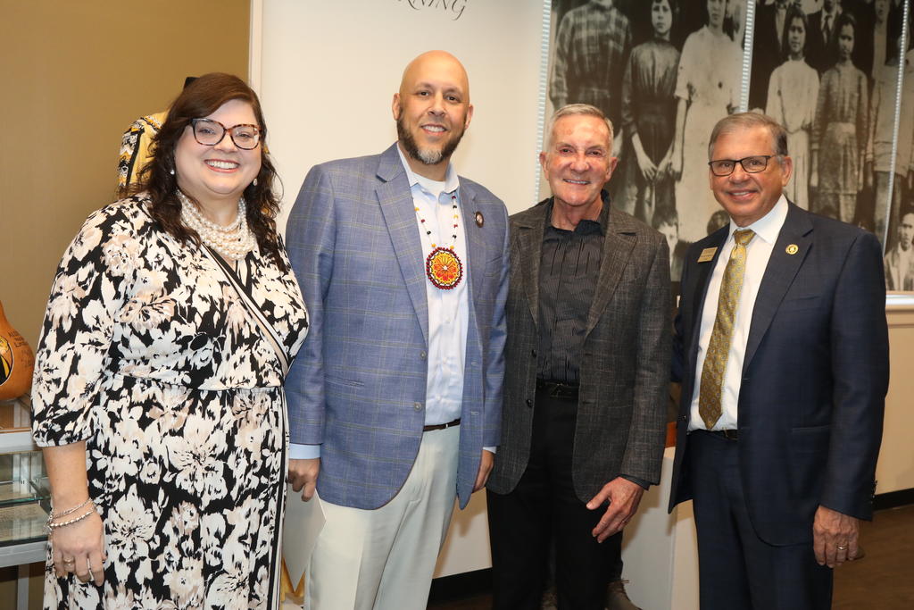 Nancy Strickland Fields (left) with Lumbee Tribal Chairman John Lowery, Rick West and Chancellor Robin Gary Cummings at the Museum of the Southeast American Indian