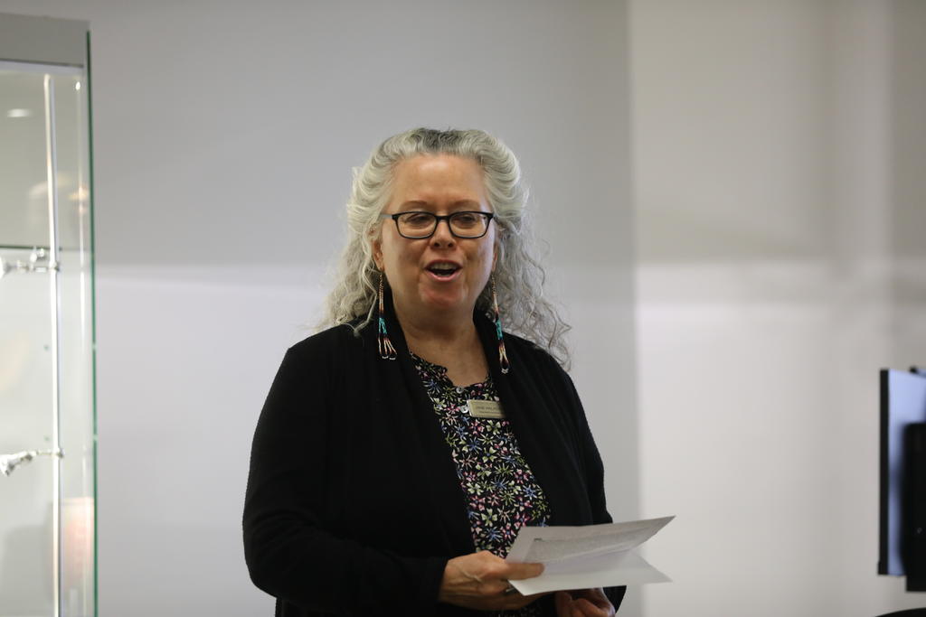 Dr. Jane Haladay, a professor in the American Indian Studies Department at UNCP, speaks at the 19th annual Southeast Native Studies Conference on March 21, 2024
