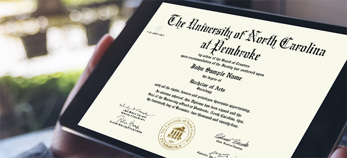 digital UNC Pembroke Diploma on tablet