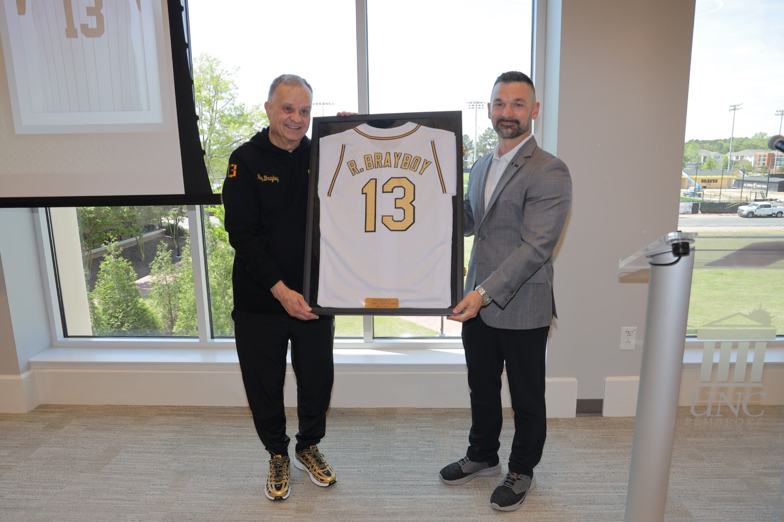Ray Brayboy honored at UNCP jersey retirement ceremony.