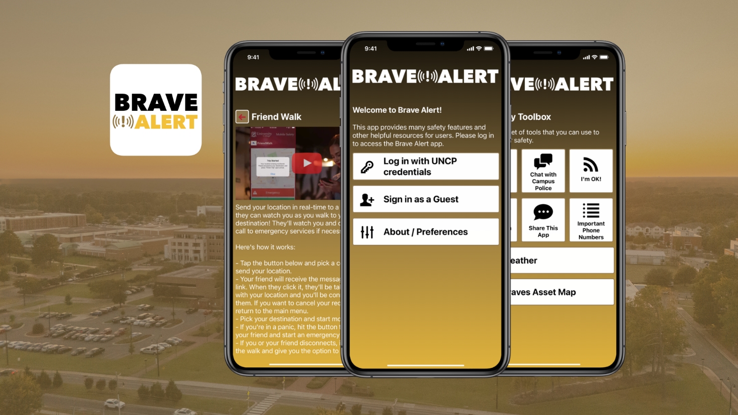 A smartphone and tablet displaying the Brave Alert app icon, representing UNCP's new campus safety mobile application.
