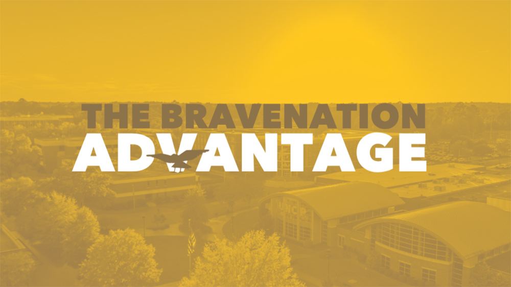 arial shot of UNCP campus with a yellow filter and the words The BraveNation Advantage in bold across the middle