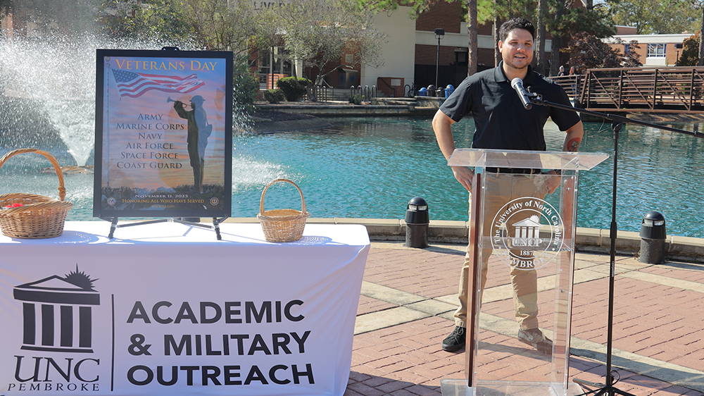 Rizihery Saenz speaks during the Veterans Honor Wreath Ceremony