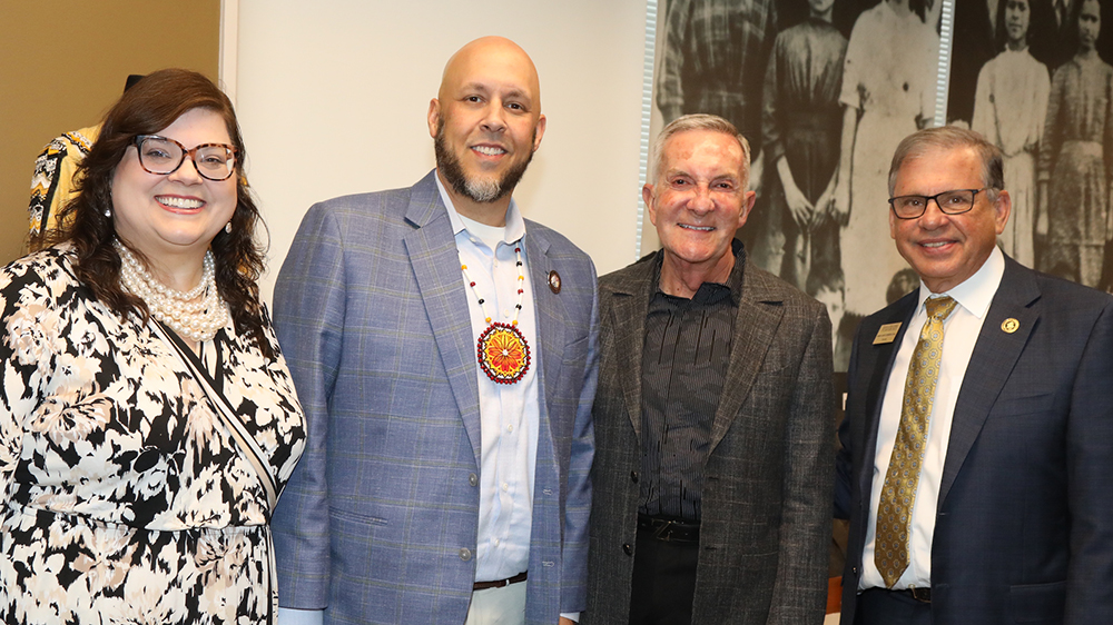 Nancy Strickland Fields (left) with Lumbee Tribal Chairman John Lowery, Rick West and Chancellor Robin Gary Cummings at the Museum of the Southeast American Indian