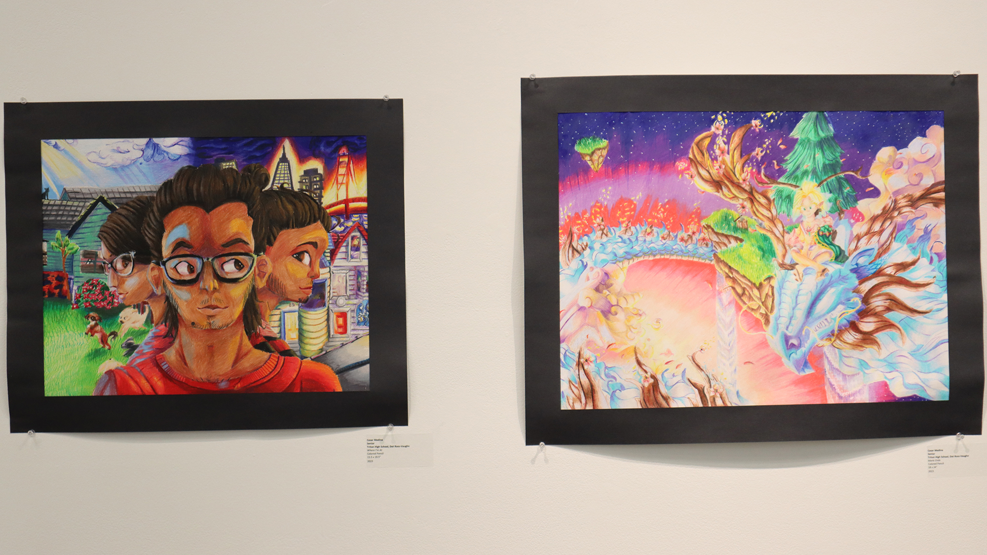 two paintings hanging on the wall. left painting of a person in glasses staring out of the frame. right painting is a surrealistic depiction of a mythical creature on a dragons head