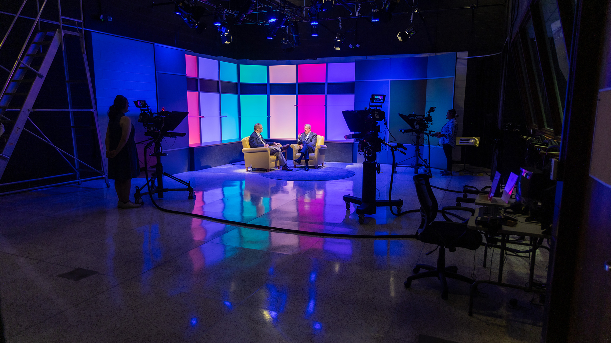 colorful lights in a tv studio on the campus of UNCP