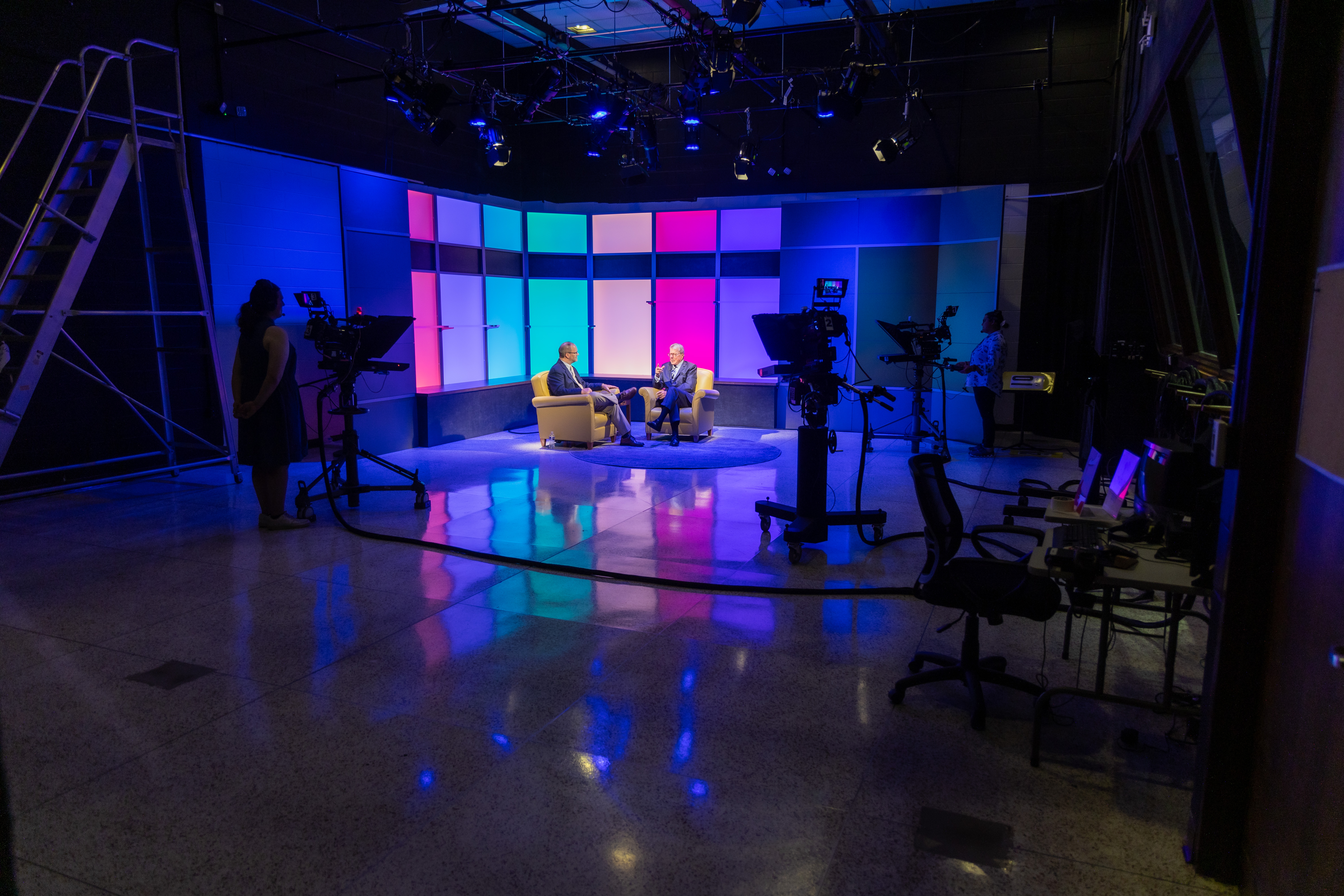 colorful lights in a tv studio on the campus of UNCP