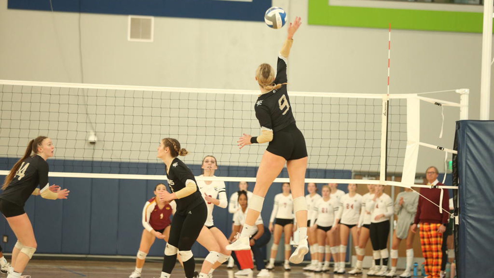 Volleyball player jumps into the air to spike the ball.