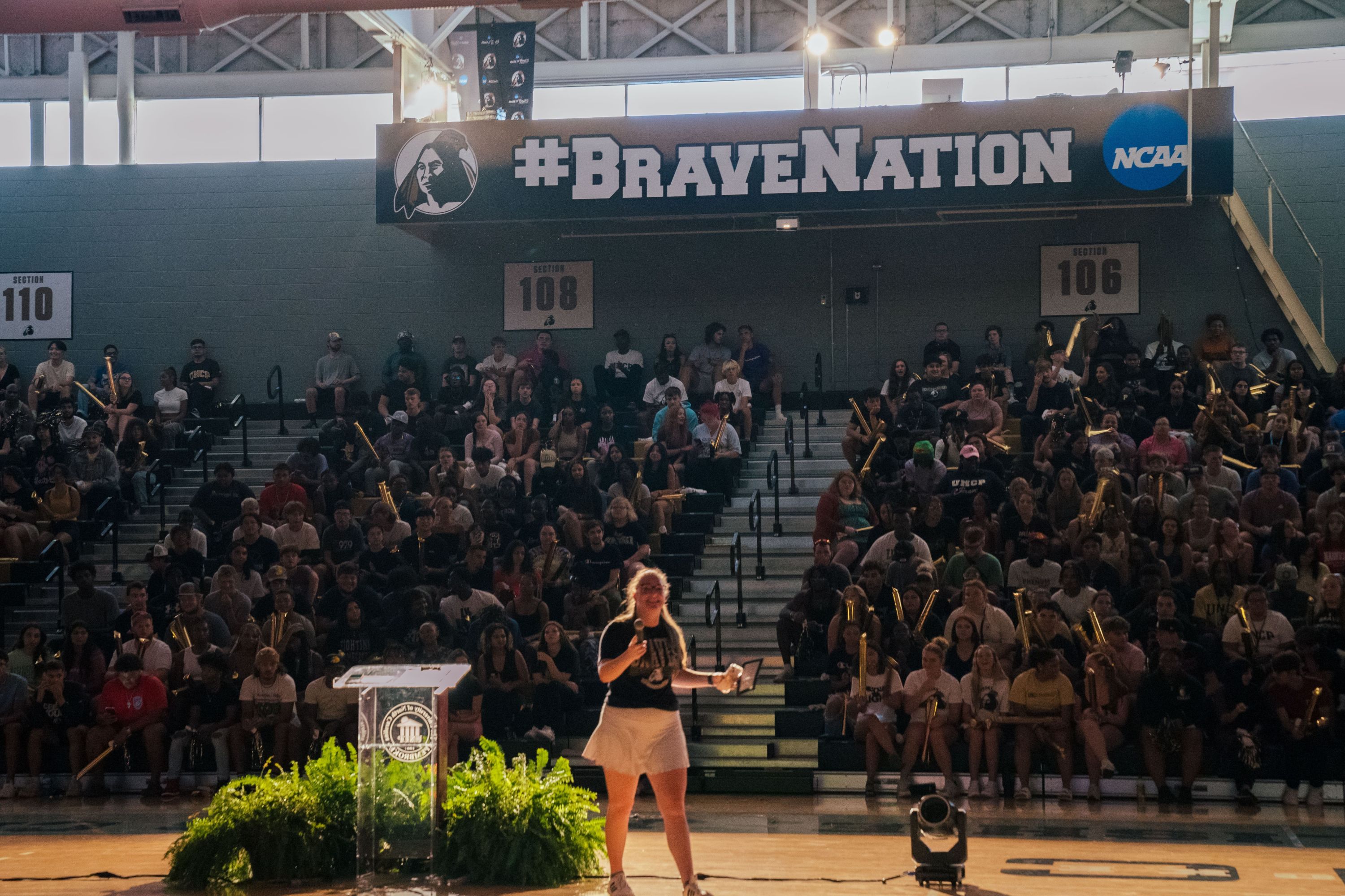 SGA President, Aspen Andersson, leading a BraveNation pep rally at UNC Pembroke.