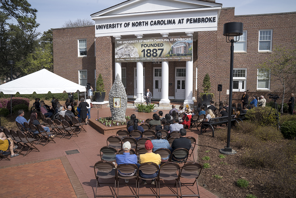 group on the steps of Old Main celebrating Founders Day at UNCP