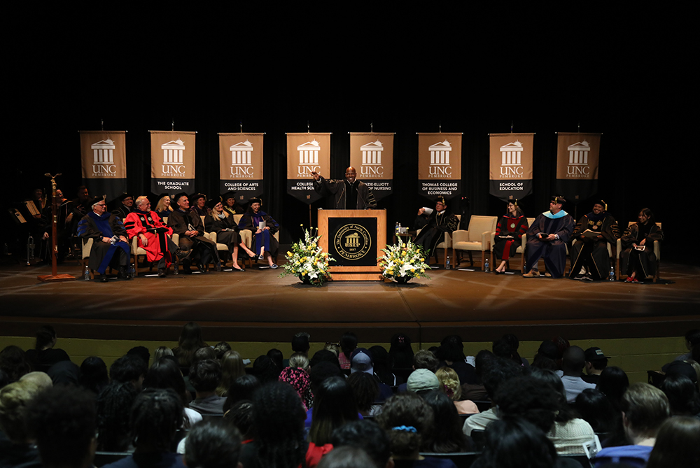 UNCP students in regalia at commencement