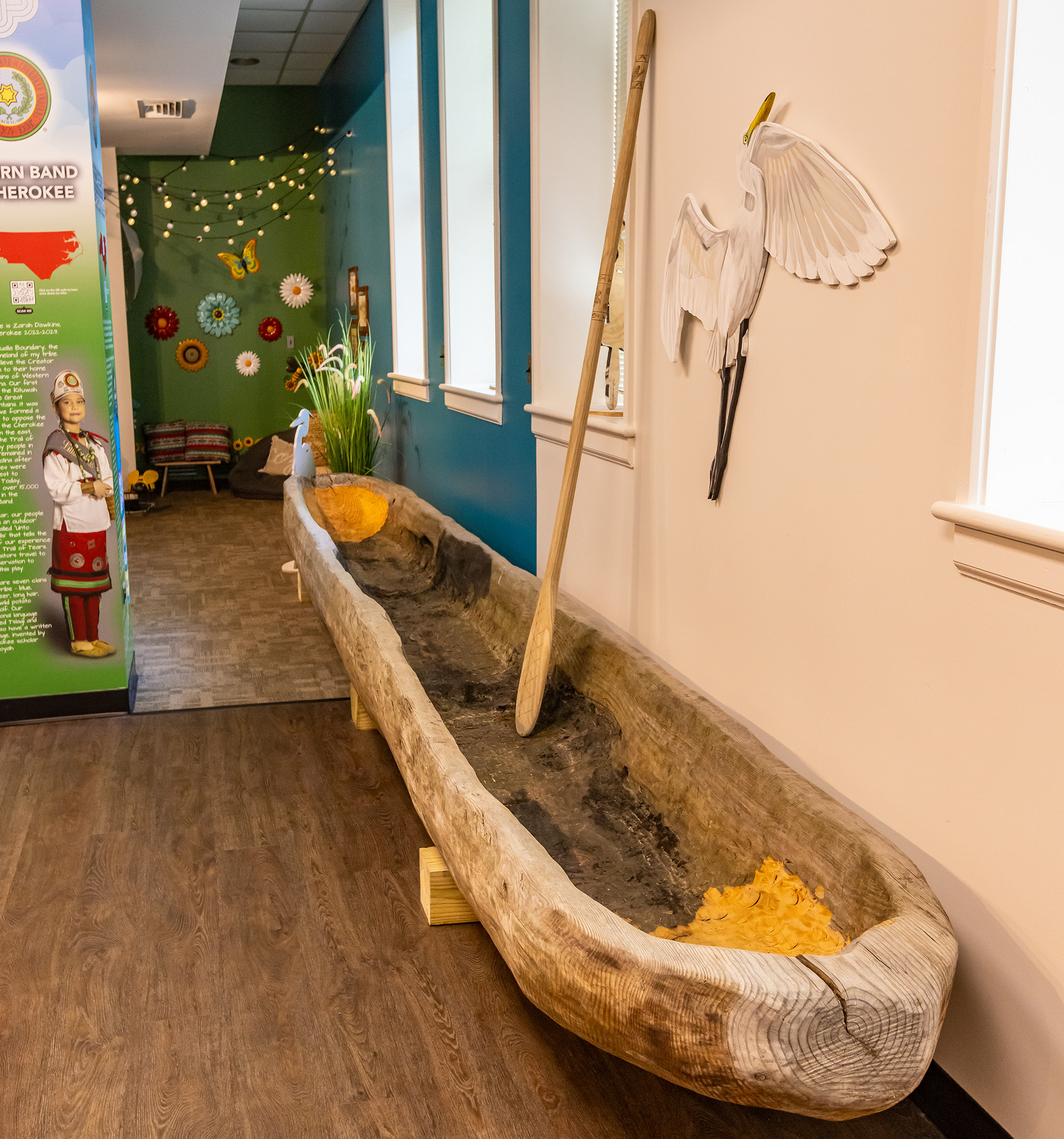 A dugout canoe sits in the Discovery Center