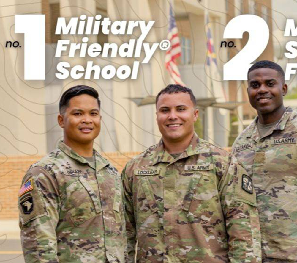 Three UNCP student soldiers in U.S. Army uniforms pose on campus alongside text reading "No. 1 Military Friendly® School" and "No. 2 Military Spouse Friendly®," representing UNCP's 2026-2027 national military rankings.