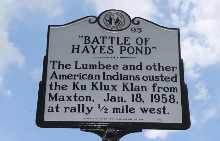 An NC Historical roadsign reads "Battle of Hayes Pond"