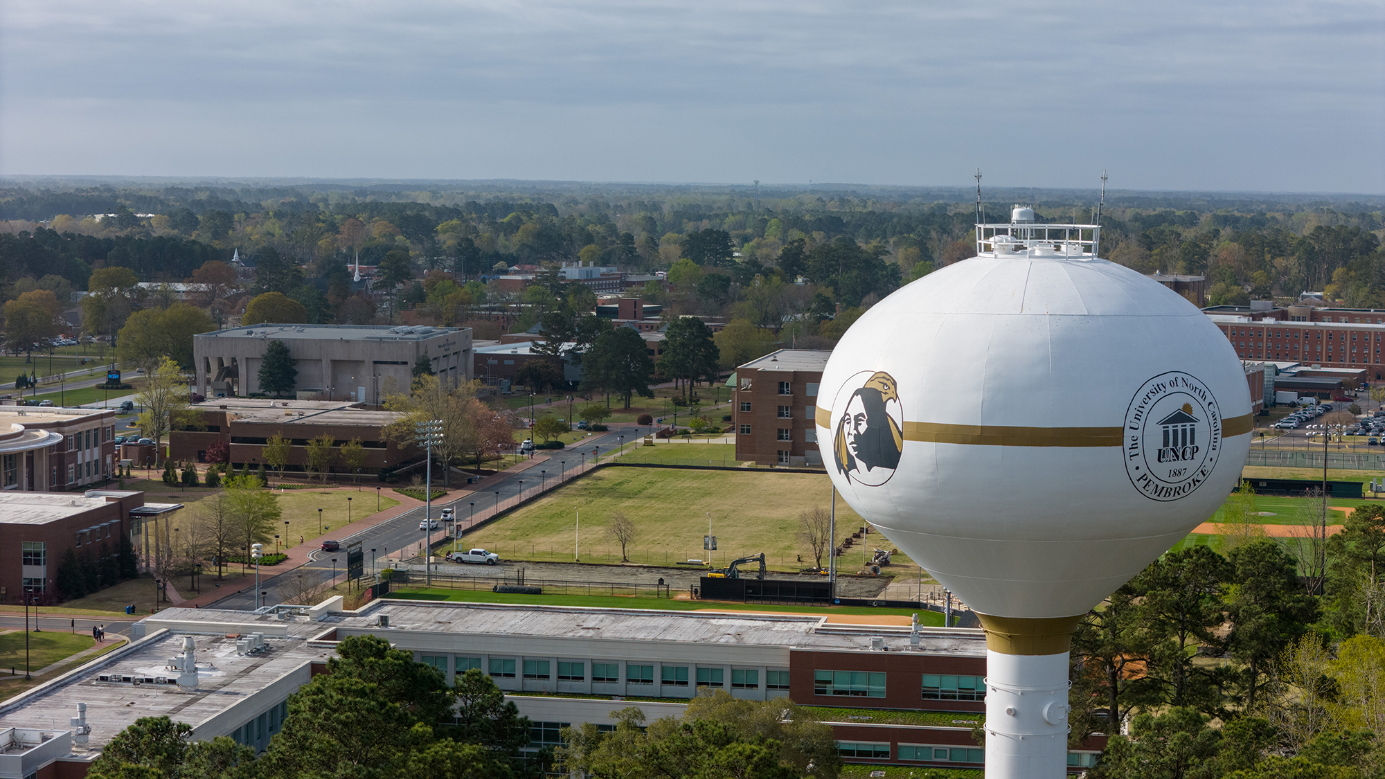 UNC Pembroke water tower and campus from the air