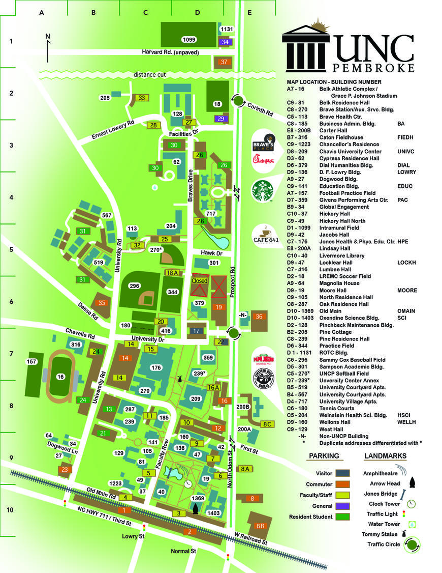 map of unc campus Campus Map The University Of North Carolina At Pembroke map of unc campus