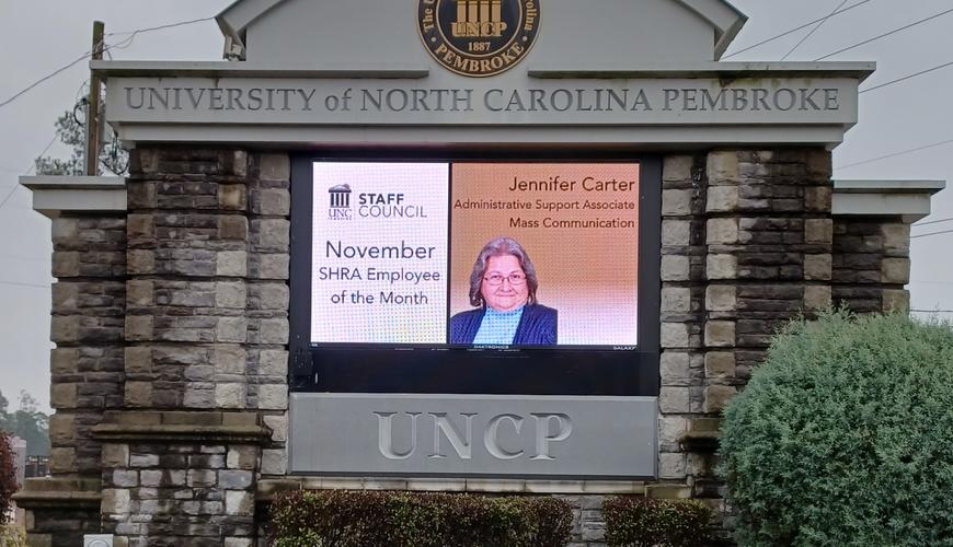 Picture of Jennifer Carter on the entrence screen to UNCP