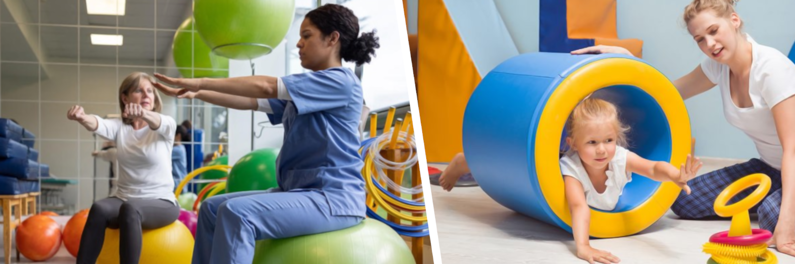 To the left: Physical therapy between adults on balance balls. To the right: Physical therapy with a child.