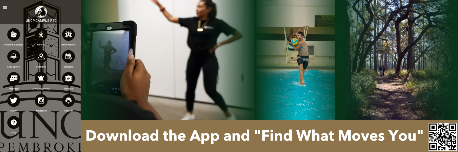 Student dancing, student at pool, forest with a trial, and Campus Rec App