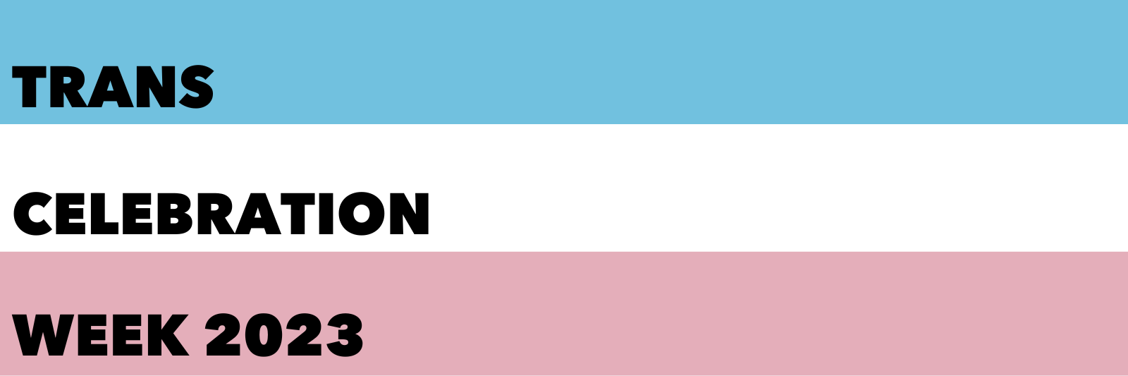 A stripe of blue with the word "Trans" in black; a stripe of white with the word "celebration" in black; a stripe of pink with the words "week 2023" in black