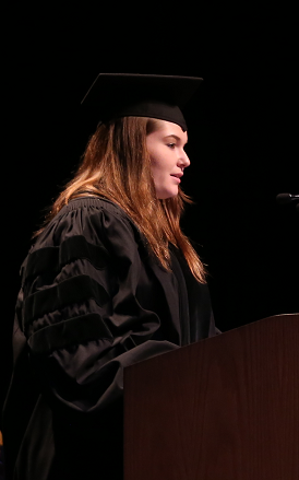 Former GSO president, Samantha Simon, addresses the audience at spring commencement