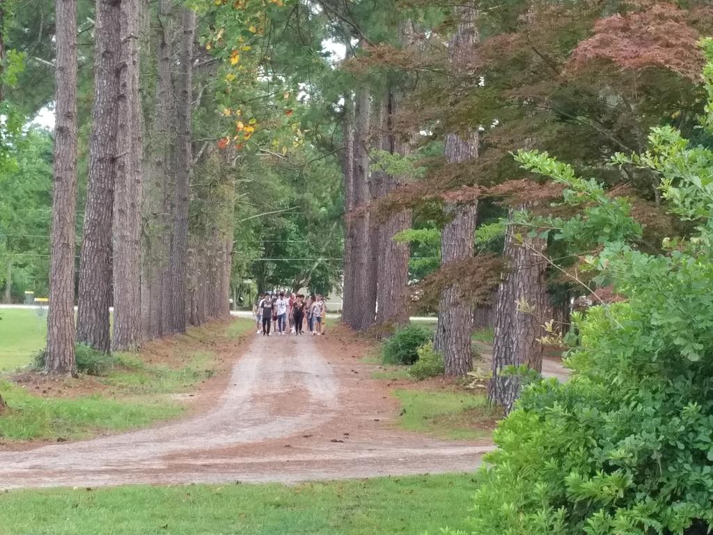 Group walking to Welcome Party at Pine Cottage