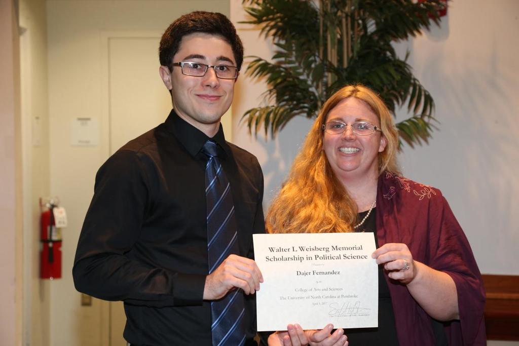 College of Arts and Sciences Academic Awards Day, April 5, 2017- Walter L. Weisberg Memorial Scholarship in Political Science.......Dajer Fernandez pictured with Poltical Science Department Chair, Dr. Emily Neff-Sharum.