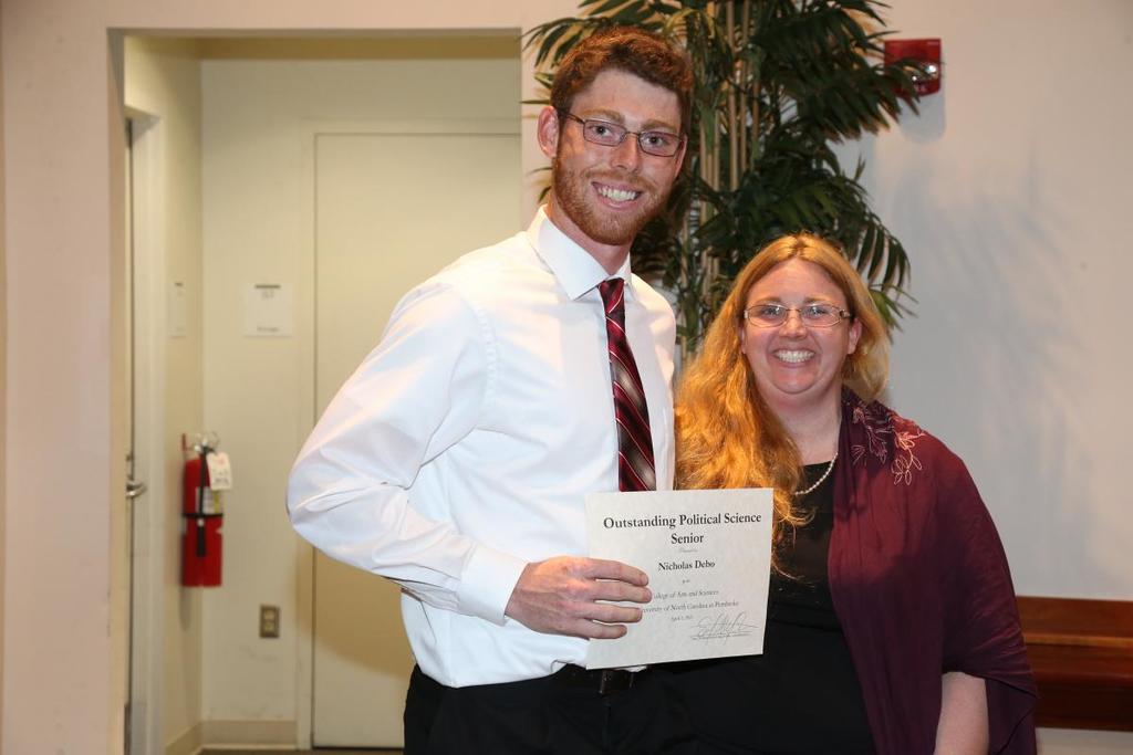 College of Arts and Sciences Academic Awards Day, April 5, 2017- Outstanding Political Science Senior Award.....Nicholas Debo pictured with Political Science Department Chair, Dr. Emily Neff-Sharum.