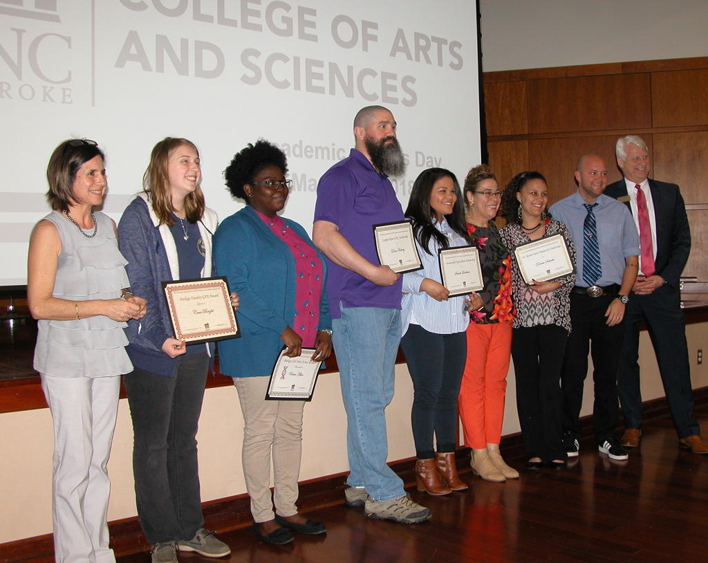 Left to right: Dr. Maria Santisteban, Cora Bright, Uvina Allen, Dane Harvey, Sarah Locklear, Dr. Maria Pereira, Dr. Conner Sandefur, and Dr. Jeff Frederick (Dean of the College of Arts and Sciences)