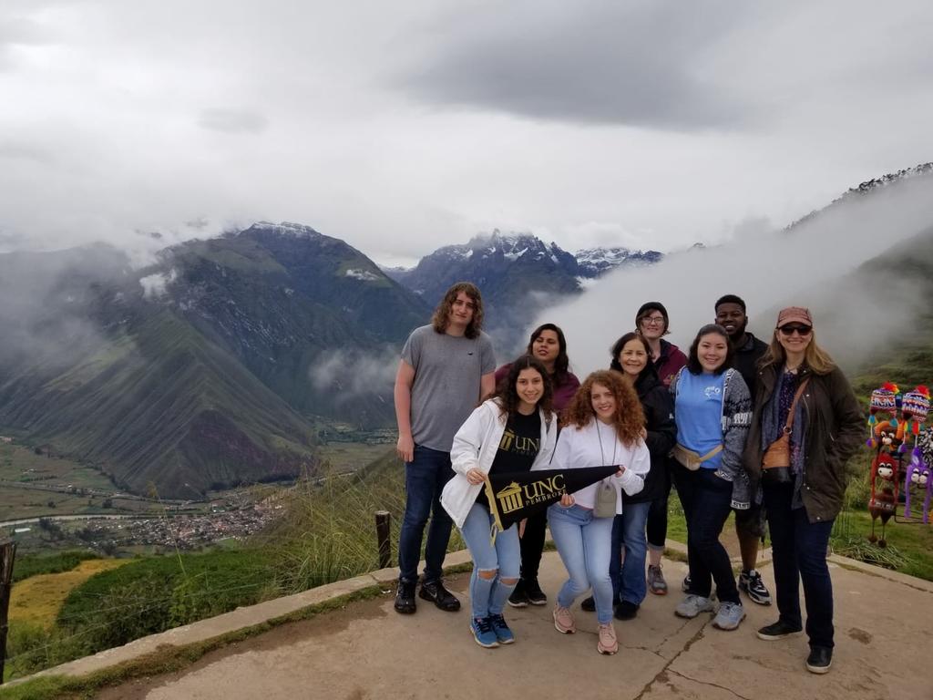 World Languages Program faculty and students visit Cusco, Peru over spring break. Pictured here (from left to right) are Holden Jolley, Sarah Rodriguez, Ignayara Hernandez, Professor Milagros López-Fred, Antonia Uchytil, Angela Dial, Zachary McDowell, and Dr. Ana Cecilia Lara.