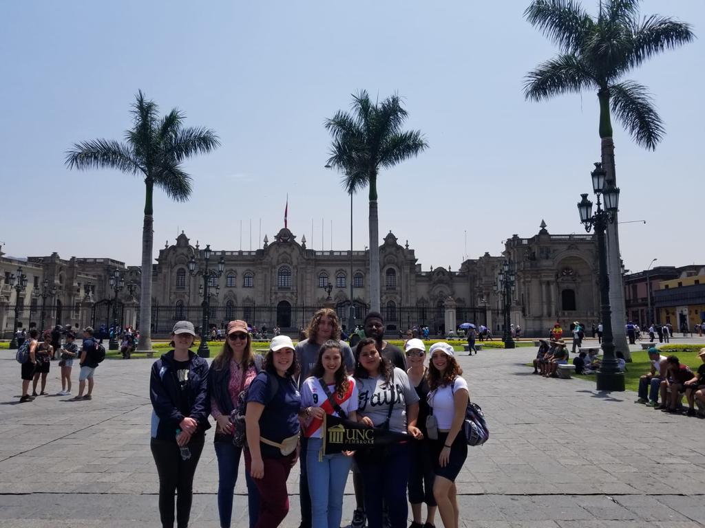 World Languages Program students and faculty visit Lima Centro in Peru during a spring break trip. Pictured here (from left to right) are Antonia Uchytil, Dr. Ana Cecilia Lara, Angela Dial, Holden Jolley, Sarah Roderiguez, Lena Paz, Zachary McDowell, Professor Milagros López-Fred, and Ignayara Hernandez.