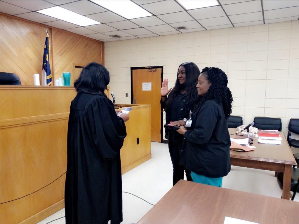 Sociology Internship student, Radia Ratliffe is sworn in as a guardian ad litem advocate in Scotland County