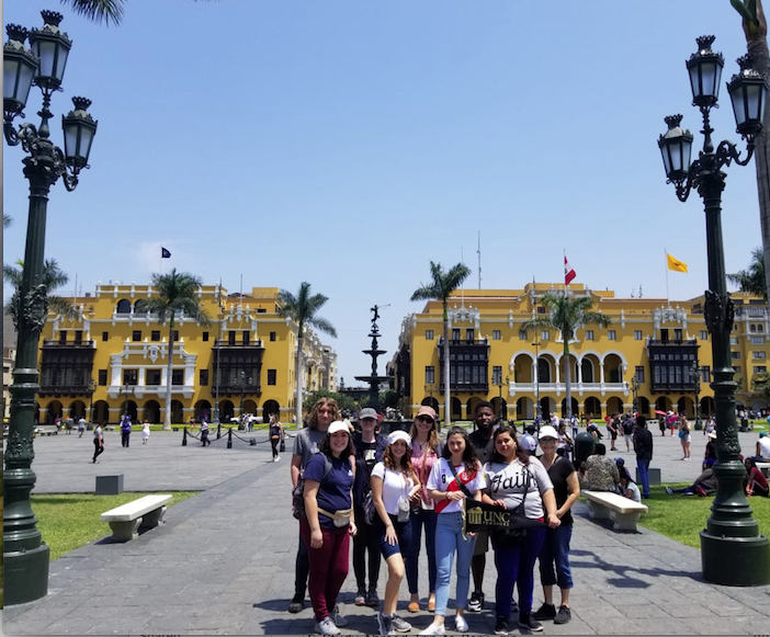 World Languages Program faculty and students visit Lima Centro in Peru over spring break. Pictured here (from left to right) are Holden Jollye, Angela Dial, Antonia Uchytil, Ignayara Hernandez, Dr. Ana Cecilia Lara, Sarah Rodriguez, Zachary McDowell, Lena Paz, and Professor Milagros López-Fred.