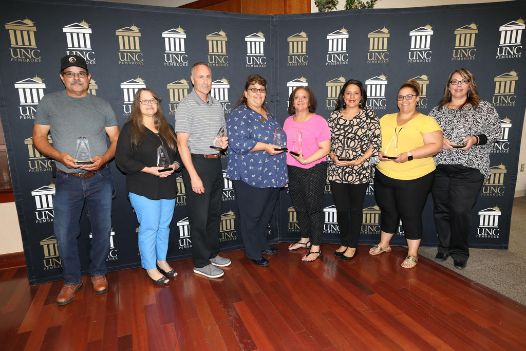 (left to right) Stan Locklear, Donna Strickland, Mike Clawson, Kay Strickland, Kim Hunt, Engle Revels, Danielle Nie and Saprina Oxendine were recognized during the Staff Awards Ceremony on June 6, 2019
