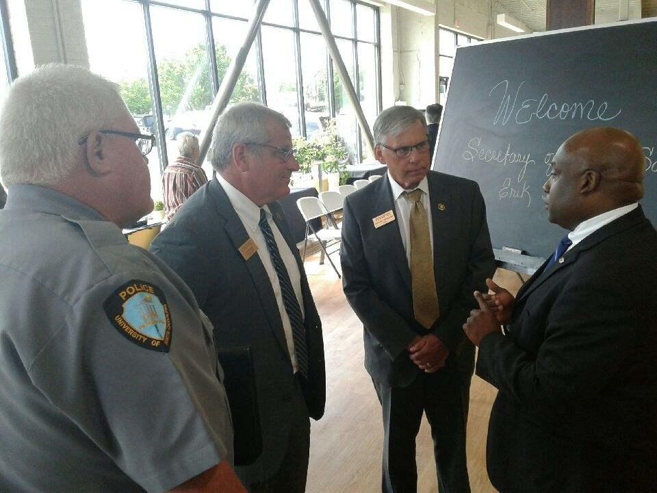 Secretary Hooks chats with UNCP Police and Public Safety Chief  McDuffie Cummings Jr., Provost David Ward and Chancellor Robin Gary Cummings at the Thomas Entrepreneurship Hub