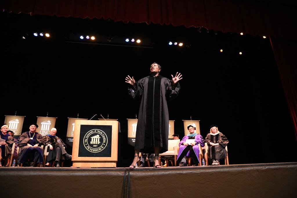 Motivational speaker Jovian Zayne implores students to resilient during their academic journey at UNCP