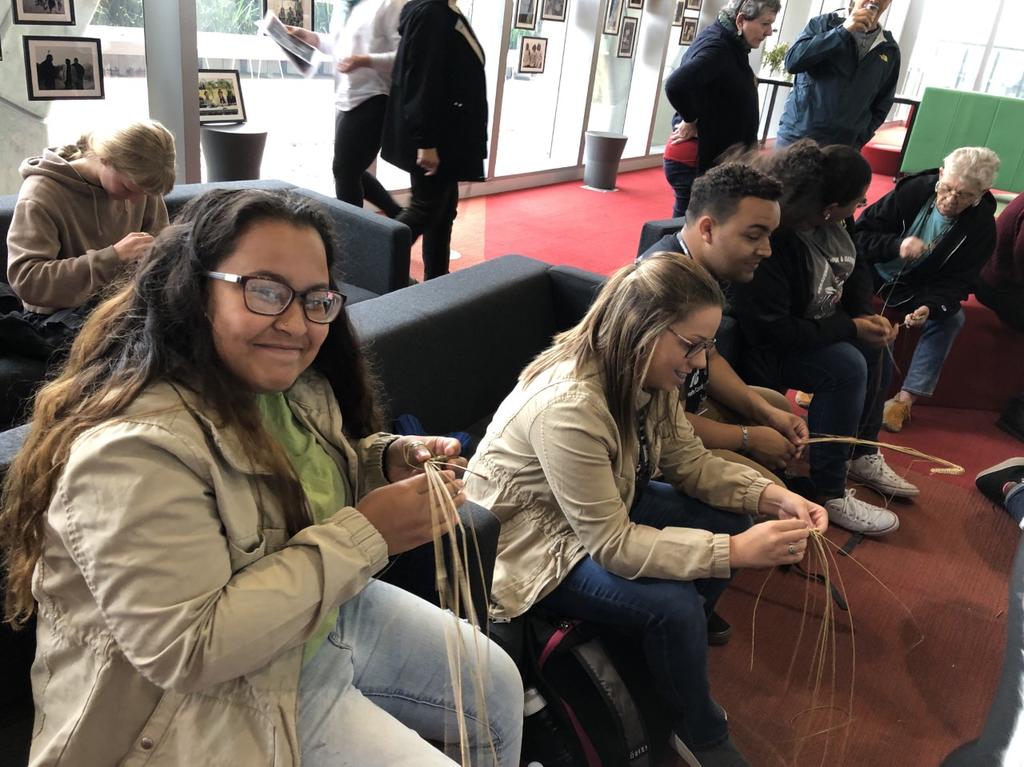 Chandra Jacobs, Caylee Holden, Brent Locklear, Taylor Strickland, and Cindy Paul at a weaving workshop on the Swinburne University campus, conducted by Ngarrindjeri elders.