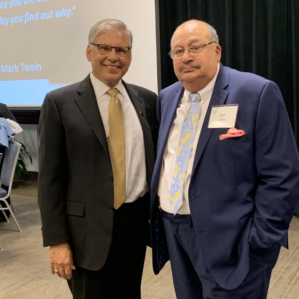 UNCP Chancellor Robin Gary Cummings, left, with former UNCP Trustee and colleague Dr. Jim Jones at the 14th annual Jim Bernstein Health Leadership Dinner