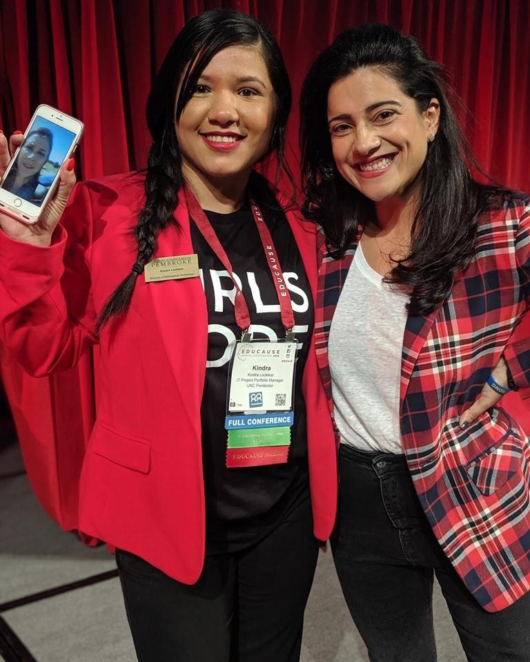 Kindra Locklear, IT Project Portfolio Manager at UNCP, met Girls Who Code Founder and CEO, Reshma Saujani during the 2019 EDUCAUSE conference in Chicago