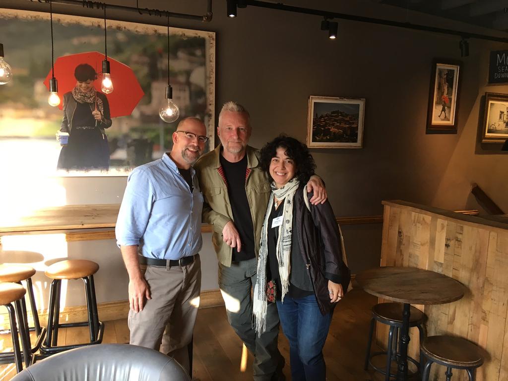 Michele Fazio (far right) with Dr. Scott Henkel, president of the WCSA, and Billy Bragg at the 2019 Working-Class Studies Association’s (WCSA) conference