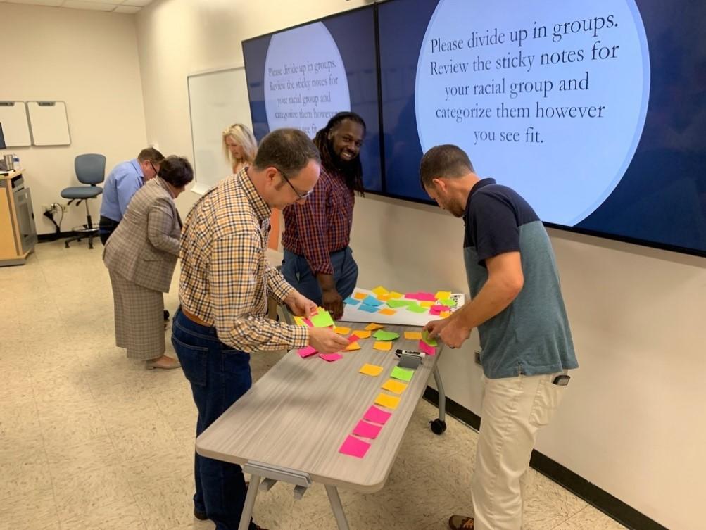 Dr. Scott Hicks, Dr. Jeffrey Warren, and Rezelle Gore engage in a session activity during the Culturally Responsive Teaching in Higher Education