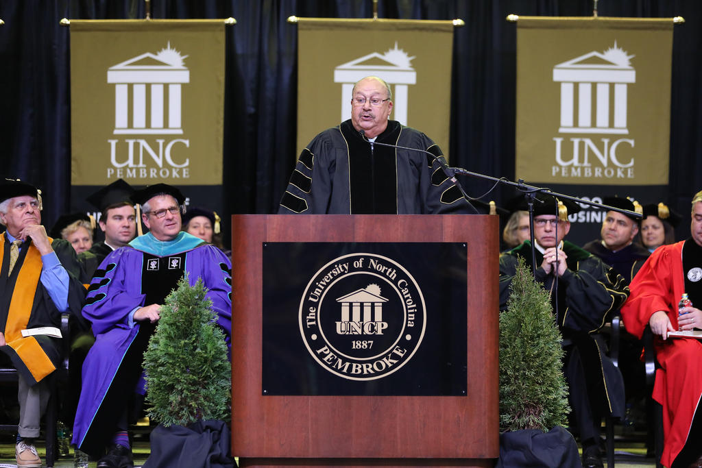 Dr, James "Jim" Jones delivers the keynote address during the 2019 Winter Commencement